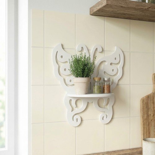 Beyaz Ahşap Kelebek Duvar Rafı