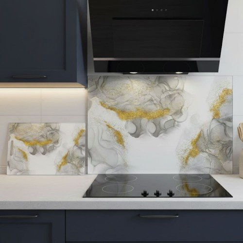 Mermer Desenli Cam Kesme Tahtası ve Ocak Arkası Panel Mermer Desenli Cam Kesme Tahtası ve Ocak Arkası Panel