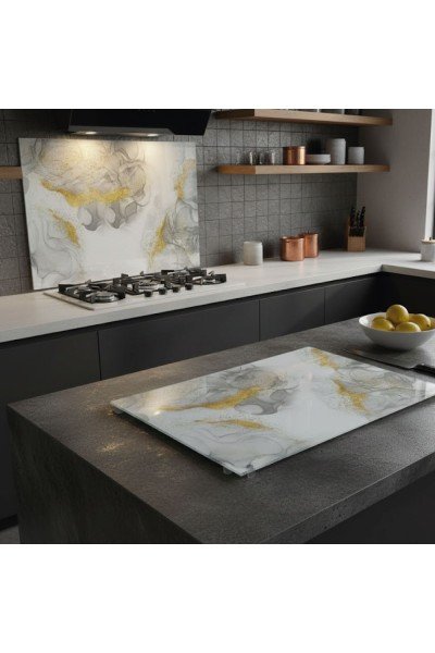 Mermer Desenli Cam Kesme Tahtası ve Ocak Arkası Panel