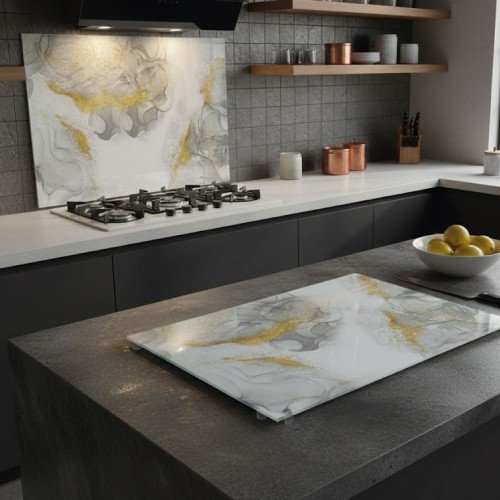 Mermer Desenli Cam Kesme Tahtası ve Ocak Arkası Panel Mermer Desenli Cam Kesme Tahtası ve Ocak Arkası Panel