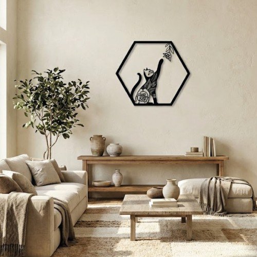 Altıgen Çerçeveli Metal Kedi Figürü Duvar Tablosu Altıgen Çerçeveli Metal Kedi Figürü Duvar Tablosu