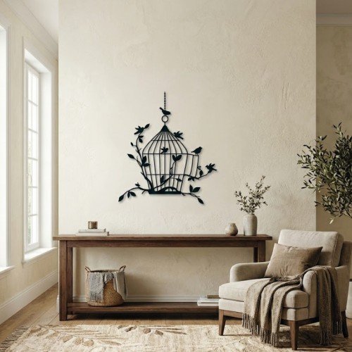 Modern Kuş Kafesi Metal Duvar Tablosu 
