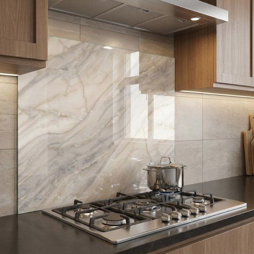 Mermer Desenli Bej Ocak Arkası Cam Koruyucu