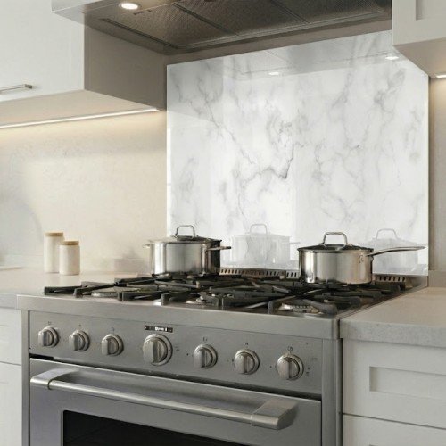 Mermer Desenli Beyaz Ocak Arkası Cam Koruyucu