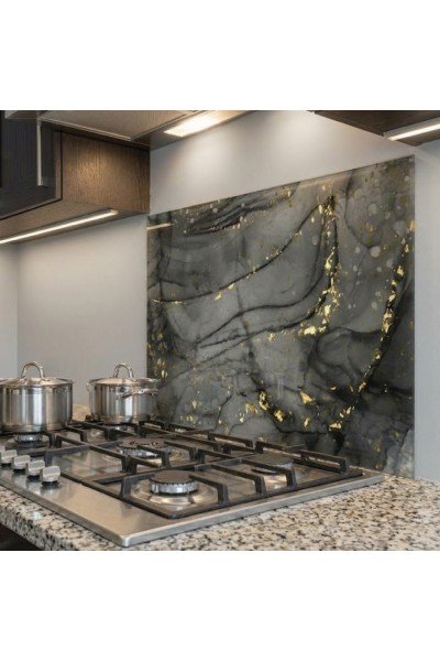 Siyah Mermer Desenli Ocak Arkası Cam Koruyucu