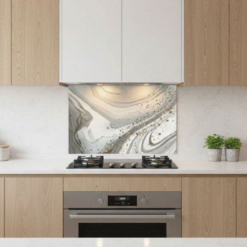 Gold Detaylı Mermer Desenli Ocak Arkası Cam Koruyucu 