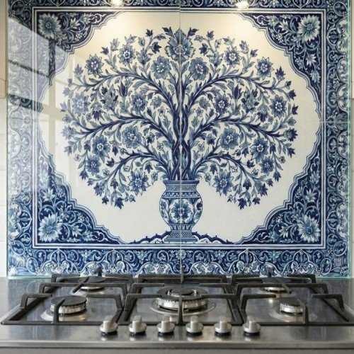 Çini Desenli Cam Ocak arkası Çini Desenli Cam Ocak arkası