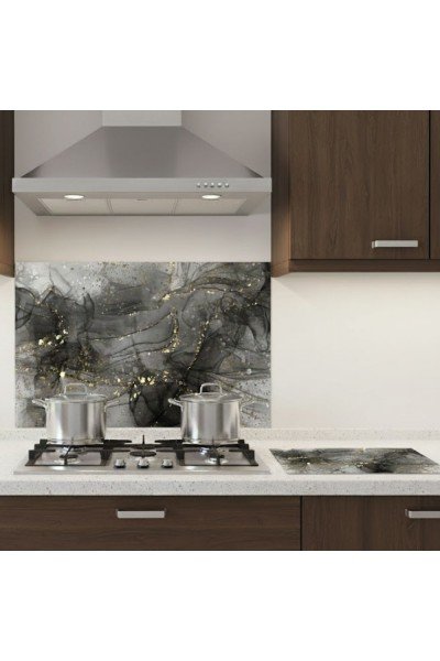 Siyah Gold Mermer Cam Kesme Tahtası ve Ocak Arkası Koruyucu Cam Seti