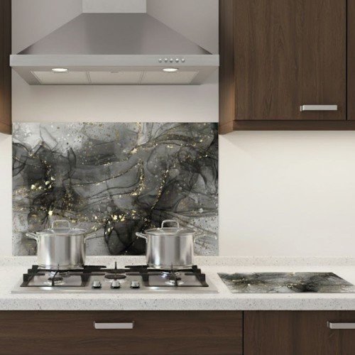 Siyah Gold Mermer Cam Kesme Tahtası ve Ocak Arkası Koruyucu Cam Seti