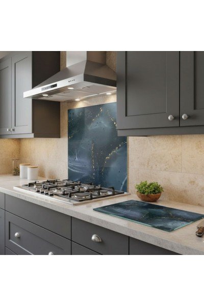 Koyu Mermer Desenli Ocak Arkası Cam Koruyucu ve Cam Kesme Tahta Seti 