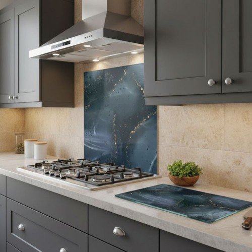 Koyu Mermer Desenli Ocak Arkası Cam Koruyucu ve Cam Kesme Tahta Seti 