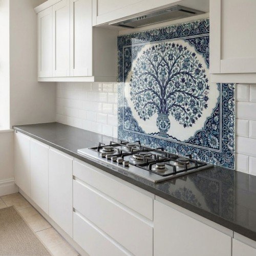 Çini Desenli Cam Ocak arkası Çini Desenli Cam Ocak arkası