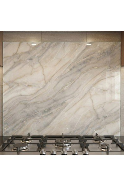 Mermer Desenli Bej Ocak Arkası Cam Koruyucu