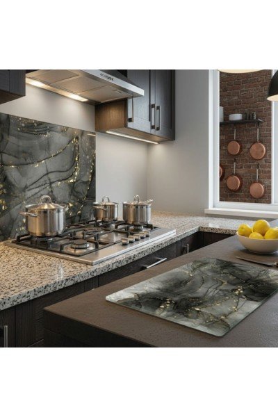 Siyah Gold Mermer Cam Kesme Tahtası ve Ocak Arkası Koruyucu Cam Seti