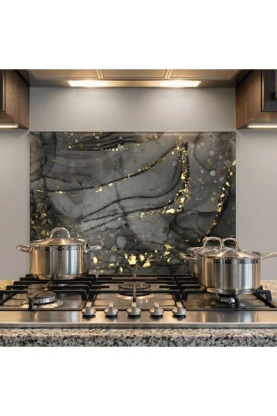 Siyah Mermer Desenli Ocak Arkası Cam Koruyucu