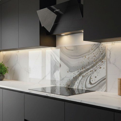 Gold Detaylı Mermer Desenli Ocak Arkası Cam Koruyucu 