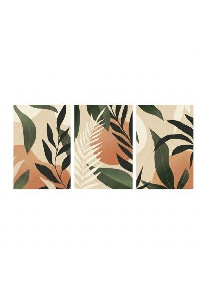 3'lü Modern Soyut Botanik Yaprak Tablo Seti
