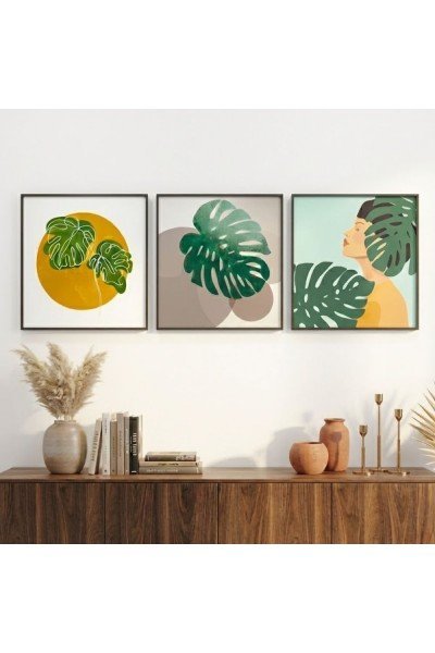Bohem Esintili Monstera ve Kadın Figürlü 3 Parçalı Çerçeveli Tablo Seti