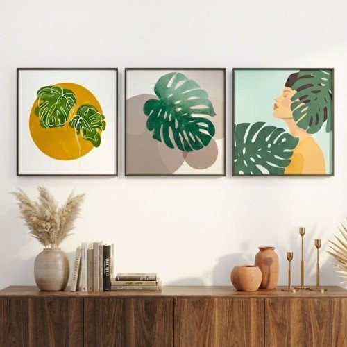 Bohem Esintili Monstera ve Kadın Figürlü 3 Parçalı Çerçeveli Tablo Seti