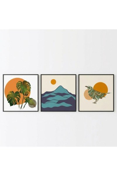 Dağ ve Kuş Figürlü 3'lü Tablo Seti