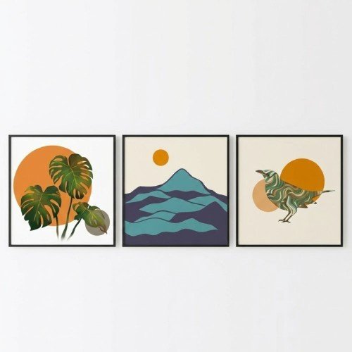 Dağ ve Kuş Figürlü 3'lü Tablo Seti