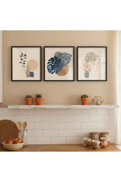 Lacivert ve Bakır Tonlu Monstera 3'lü Tablo Seti