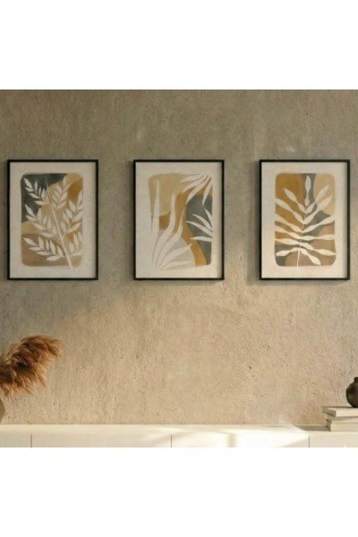 3'lü Soyut Yaprak İllüstrasyon Tablo Seti