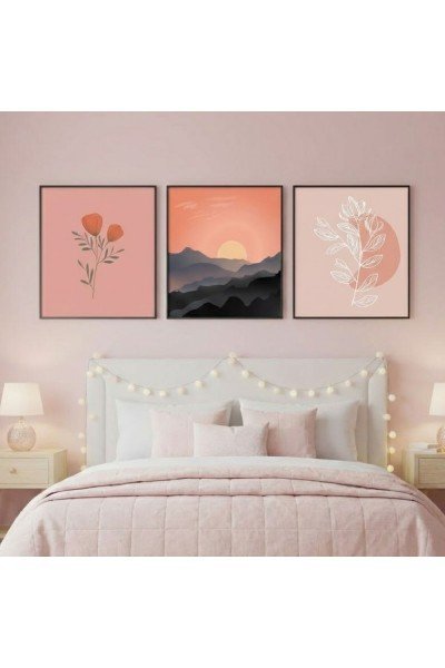 Pembe Günbatımı ve Çiçekli 3'lü Tablo Seti