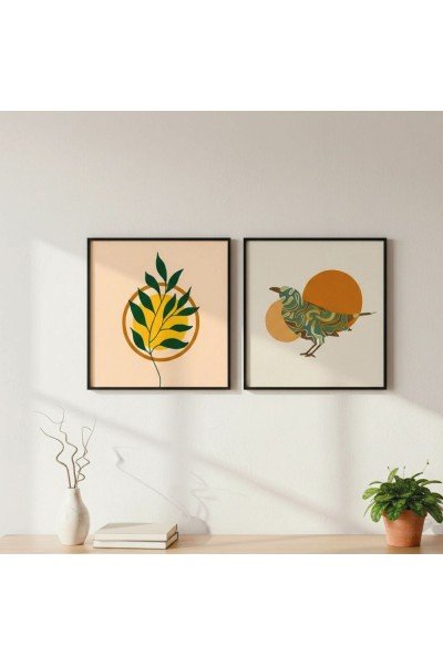 Sarı ve Yeşil Tonlu Kuş ve Yaprak Duvar Panosu