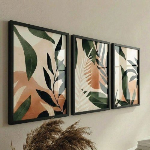 3'lü Modern Soyut Botanik Yaprak Tablo Seti