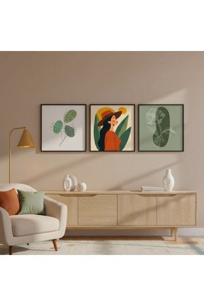 3'lü Modern Kadın ve Botanik İllüstrasyon Tablo Seti