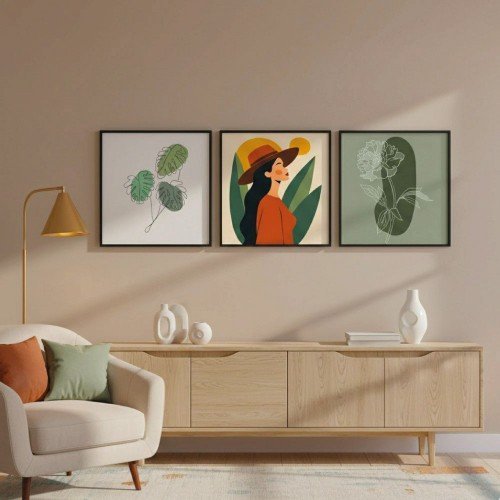 3'lü Modern Kadın ve Botanik İllüstrasyon Tablo Seti 3'lü Modern Kadın ve Botanik İllüstrasyon Tablo Seti