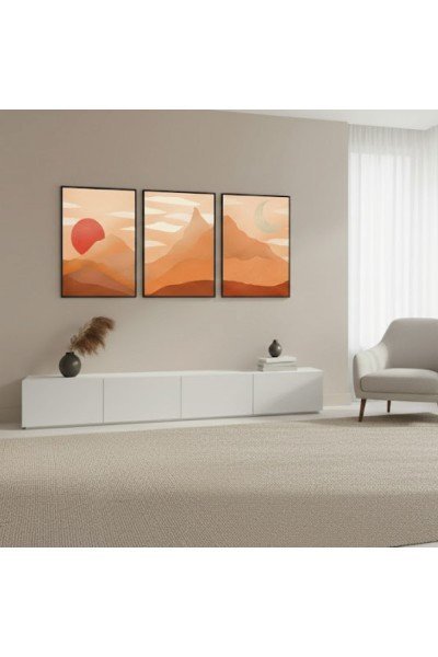 3'lü Modern Boho Dağ ve Güneş Tablo Seti