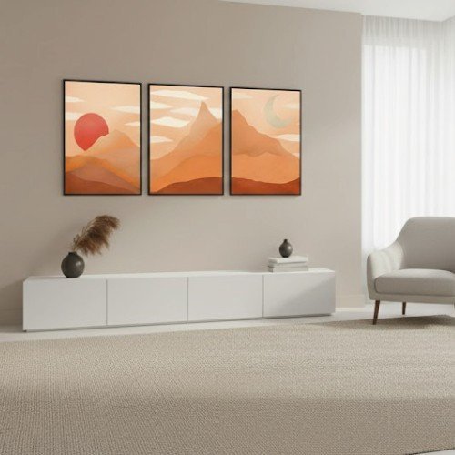 3'lü Modern Boho Dağ ve Güneş Tablo Seti