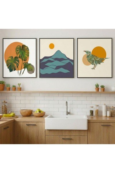 Dağ ve Kuş Figürlü 3'lü Tablo Seti