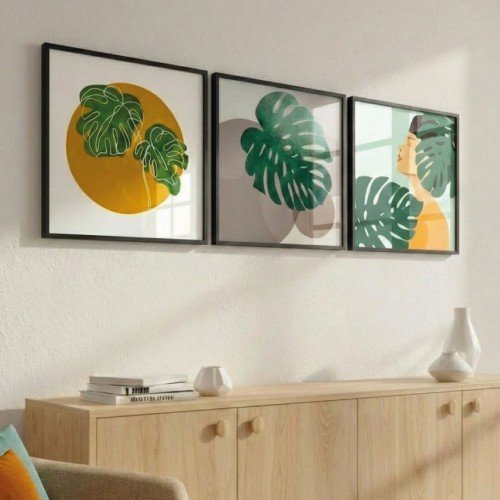 Bohem Esintili Monstera ve Kadın Figürlü 3 Parçalı Çerçeveli Tablo Seti