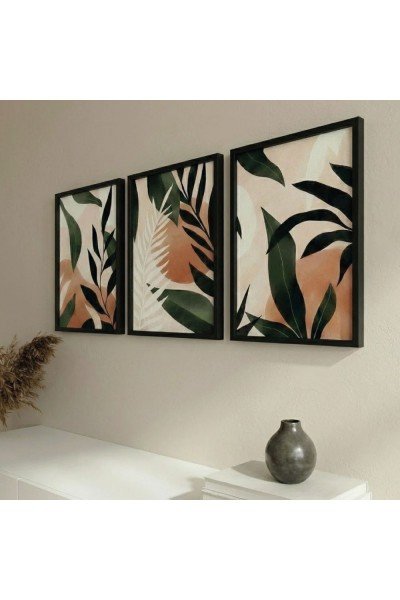 3'lü Modern Soyut Botanik Yaprak Tablo Seti