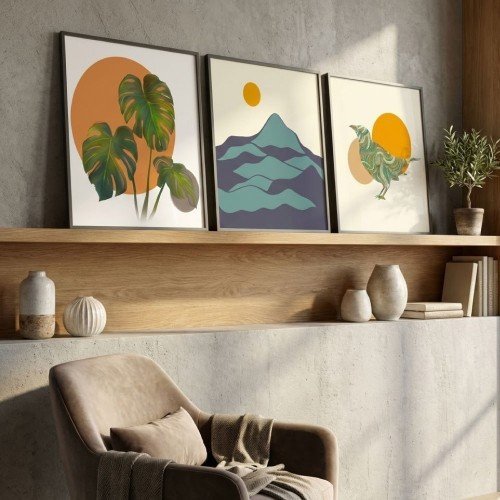 Dağ ve Kuş Figürlü 3'lü Tablo Seti