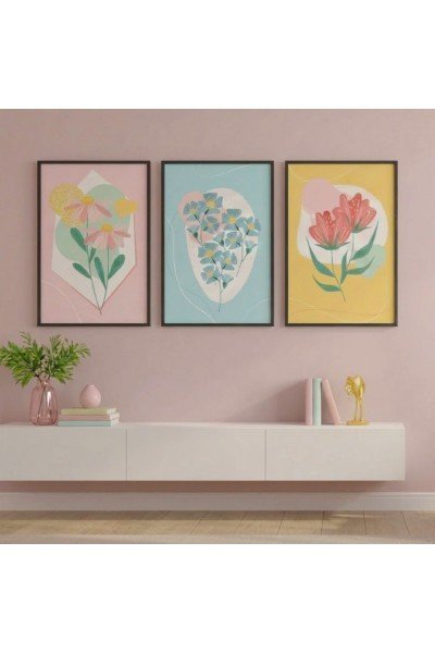 3'lü Pastel Renkli Soyut Çiçek Tablo Seti