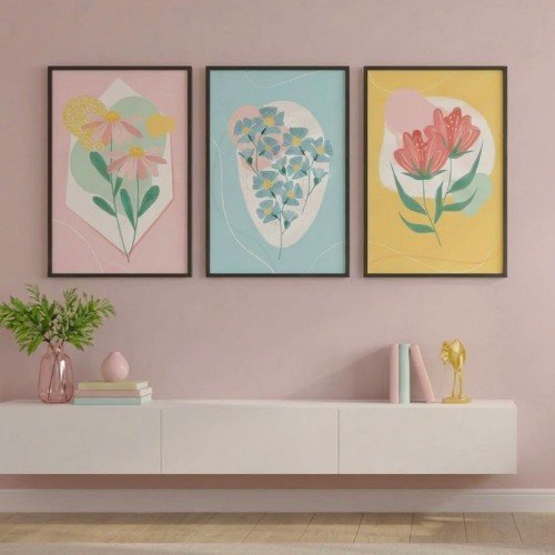 3'lü Pastel Renkli Soyut Çiçek Tablo Seti 3'lü Pastel Renkli Soyut Çiçek Tablo Seti