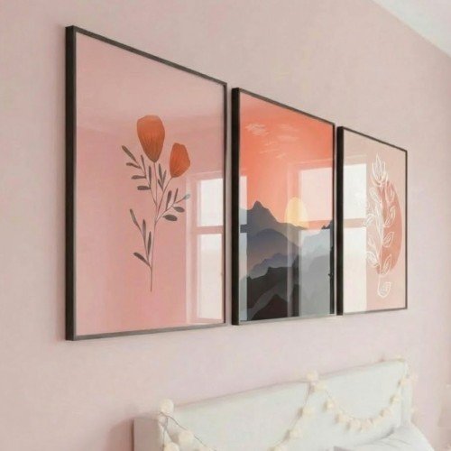 Pembe Günbatımı ve Çiçekli 3'lü Tablo Seti